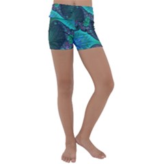 Ocean Green Sea Blue Fractal Art Kids  Lightweight Velour Yoga Shorts