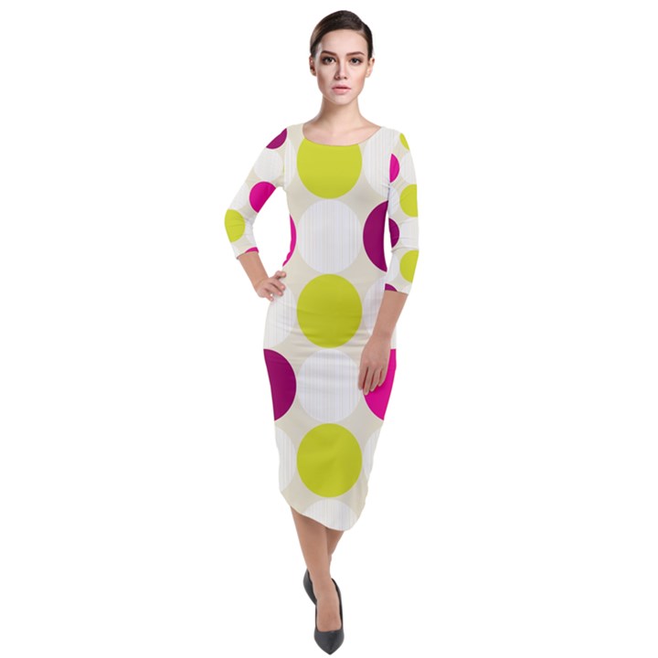 Polka Dots Spots Pattern Seamless Quarter Sleeve Midi Velour Bodycon Dress