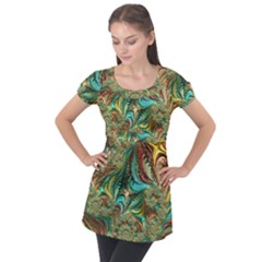 Fractal Artwork Pattern Digital Puff Sleeve Tunic Top