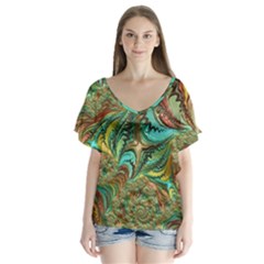 Fractal Artwork Pattern Digital V-neck Flutter Sleeve Top by Pakrebo