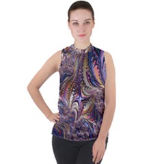 Fractal Artwork Pattern Digital Mock Neck Chiffon Sleeveless Top