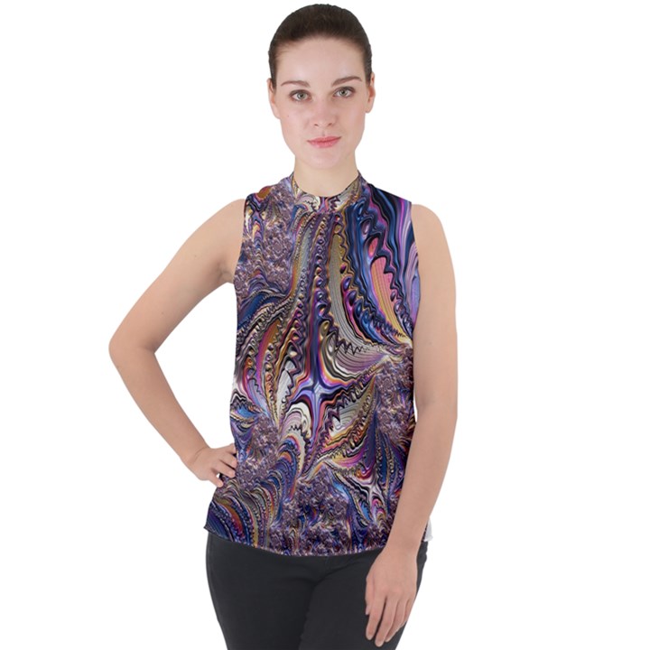 Fractal Artwork Pattern Digital Mock Neck Chiffon Sleeveless Top