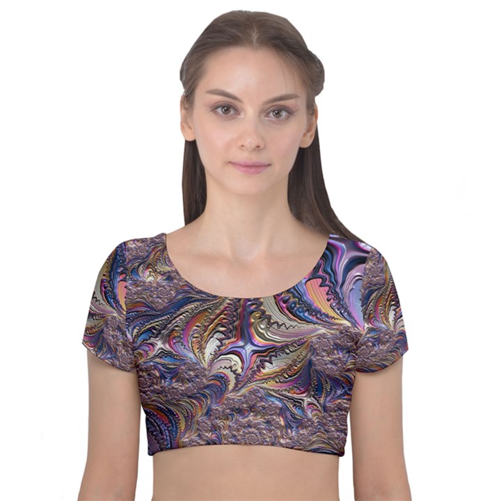 Fractal Artwork Pattern Digital Velvet Short Sleeve Crop Top 