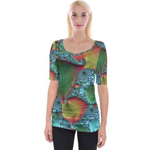 Fractal Art Colorful Pattern Wide Neckline Tee by Pakrebo