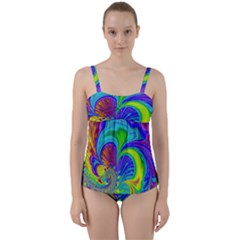 Fractal Neon Art Artwork Fantasy Twist Front Tankini Set by Pakrebo