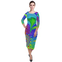 Fractal Neon Art Artwork Fantasy Quarter Sleeve Midi Velour Bodycon Dress