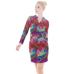 Fractal Art Fractal Colorful Button Long Sleeve Dress