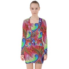 Fractal Art Fractal Colorful V-neck Bodycon Long Sleeve Dress by Pakrebo