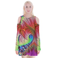 Fractal Art Fractal Colorful Velvet Long Sleeve Shoulder Cutout Dress