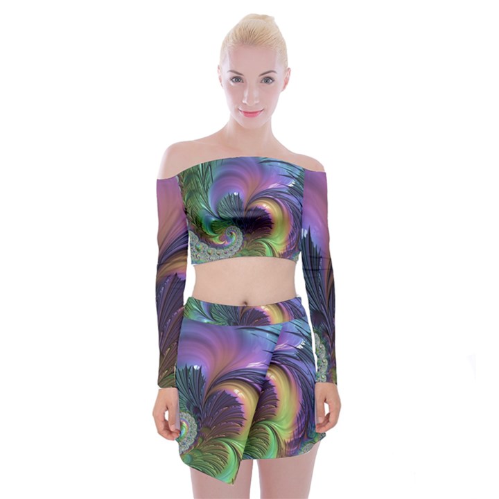 Fractal Artwork Art Swirl Vortex Off Shoulder Top with Mini Skirt Set