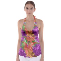 Fractal Purple Green Orange Yellow Babydoll Tankini Top by Pakrebo