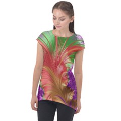 Fractal Purple Green Orange Yellow Cap Sleeve High Low Top