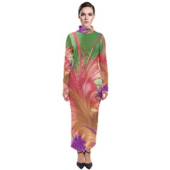 Fractal Purple Green Orange Yellow Turtleneck Maxi Dress