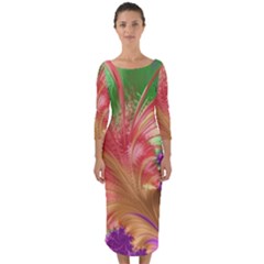 Fractal Purple Green Orange Yellow Quarter Sleeve Midi Bodycon Dress