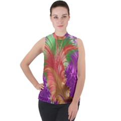 Fractal Purple Green Orange Yellow Mock Neck Chiffon Sleeveless Top