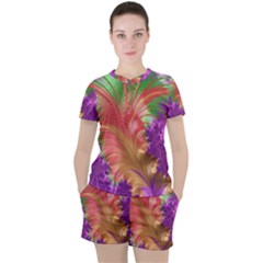 Fractal Purple Green Orange Yellow Women s Tee And Shorts Set