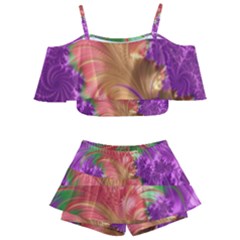 Fractal Purple Green Orange Yellow Kids  Off Shoulder Skirt Bikini