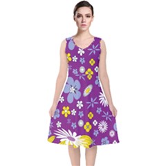 Floral Flowers Wallpaper Paper V-neck Midi Sleeveless Dress 