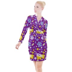 Floral Flowers Wallpaper Paper Button Long Sleeve Dress