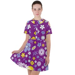 Floral Flowers Wallpaper Paper Short Sleeve Shoulder Cut Out Dress  by Pakrebo