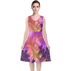 Fractal Puffy Feather Art Artwork V-neck Midi Sleeveless Dress  by Pakrebo