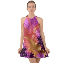 Fractal Puffy Feather Art Artwork Halter Tie Back Chiffon Dress by Pakrebo