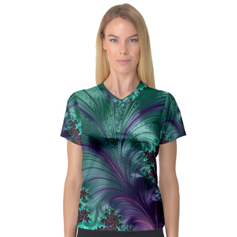 Fractal Turquoise Feather Swirl V-neck Sport Mesh Tee by Pakrebo