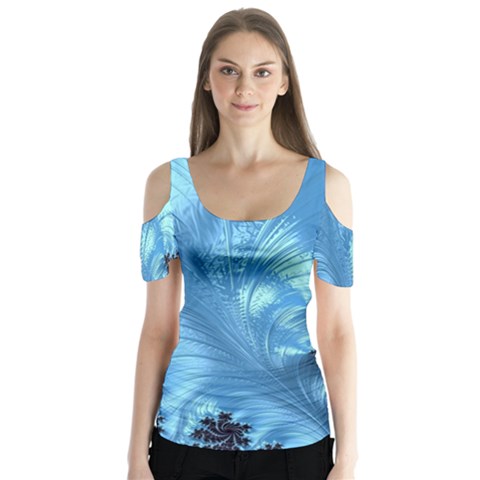 Fractal Art Feather Swirls Puffy Butterfly Sleeve Cutout Tee  by Pakrebo