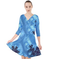 Fractal Art Feather Swirls Puffy Quarter Sleeve Front Wrap Dress