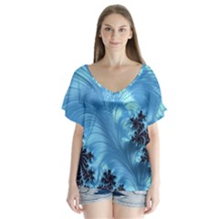 Fractal Art Feather Swirls Puffy V-neck Flutter Sleeve Top by Pakrebo