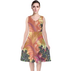 Fractal Feather Artwork Art V-neck Midi Sleeveless Dress 