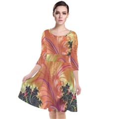 Fractal Feather Artwork Art Quarter Sleeve Waist Band Dress