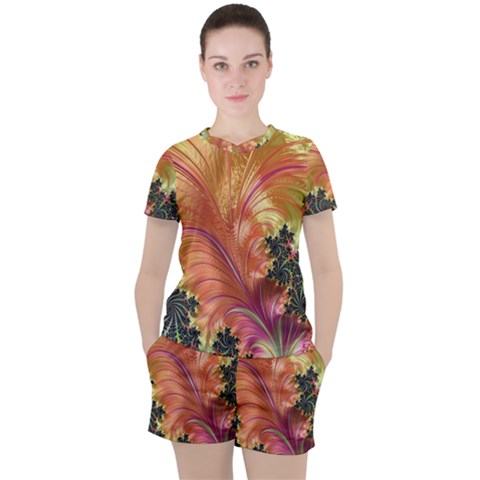 Fractal Feather Artwork Art Women s Tee And Shorts Set by Pakrebo