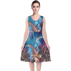 Fractal Art Artwork Psychedelic V-neck Midi Sleeveless Dress 