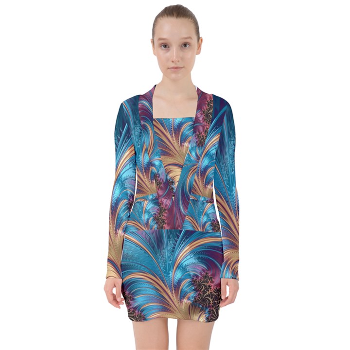 Fractal Art Artwork Psychedelic V-neck Bodycon Long Sleeve Dress