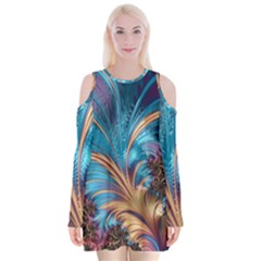 Fractal Art Artwork Psychedelic Velvet Long Sleeve Shoulder Cutout Dress by Pakrebo