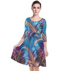 Fractal Art Artwork Psychedelic Quarter Sleeve Waist Band Dress