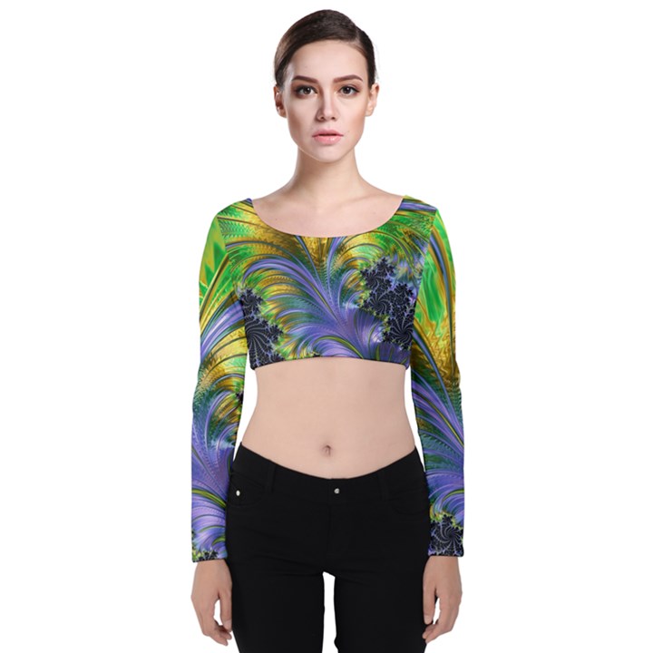 Fractal Gothic Dark Texture Velvet Long Sleeve Crop Top