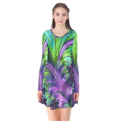 Fractal Art Artwork Feather Swirl Long Sleeve V-neck Flare Dress by Pakrebo