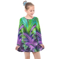 Fractal Art Artwork Feather Swirl Kids  Long Sleeve Dress by Pakrebo