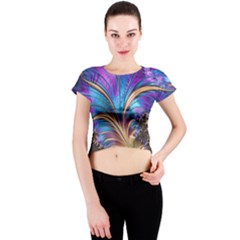 Fractal Feather Swirl Purple Blue Crew Neck Crop Top by Pakrebo