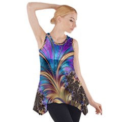 Fractal Feather Swirl Purple Blue Side Drop Tank Tunic by Pakrebo