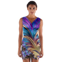 Fractal Feather Swirl Purple Blue Wrap Front Bodycon Dress by Pakrebo