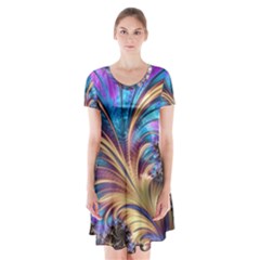 Fractal Feather Swirl Purple Blue Short Sleeve V-neck Flare Dress by Pakrebo