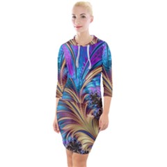 Fractal Feather Swirl Purple Blue Quarter Sleeve Hood Bodycon Dress by Pakrebo