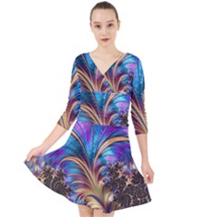 Fractal Feather Swirl Purple Blue Quarter Sleeve Front Wrap Dress by Pakrebo