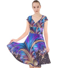 Fractal Feather Swirl Purple Blue Cap Sleeve Front Wrap Midi Dress by Pakrebo