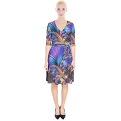 Fractal Feather Swirl Purple Blue Wrap Up Cocktail Dress by Pakrebo