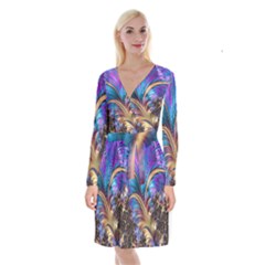 Fractal Feather Swirl Purple Blue Long Sleeve Velvet Front Wrap Dress by Pakrebo