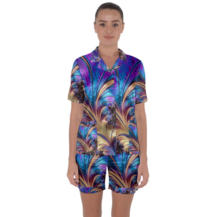 Fractal Feather Swirl Purple Blue Satin Short Sleeve Pyjamas Set